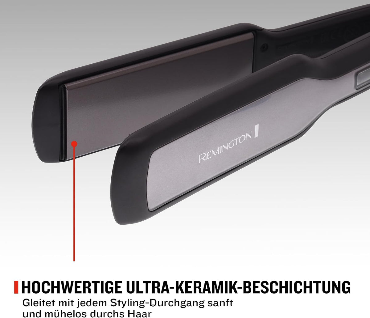 Remington Glätteisen Pro-Ceramic Extra breit (extrabreite 45-mm-Stylingplatten – speziell für dickes, krauses, lockiges und sehr langes Haar), LCD-Display, 150–230 °C, Haarglätter S5525