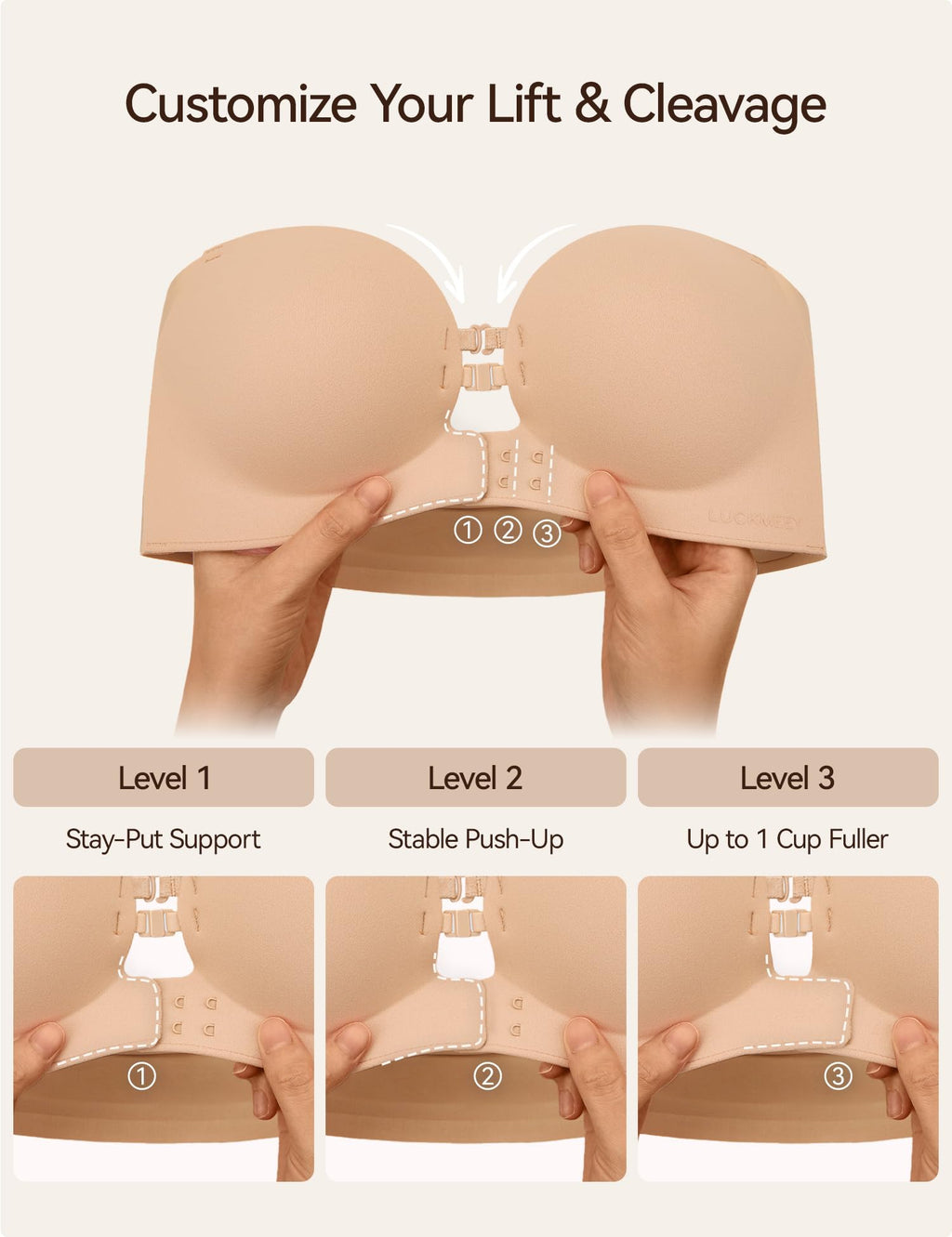 LUCKMEEY Women's Strapless Front Closure Push Up Bra, Non-Slip Removable Straps, Wireless Seamless, A-C Cup