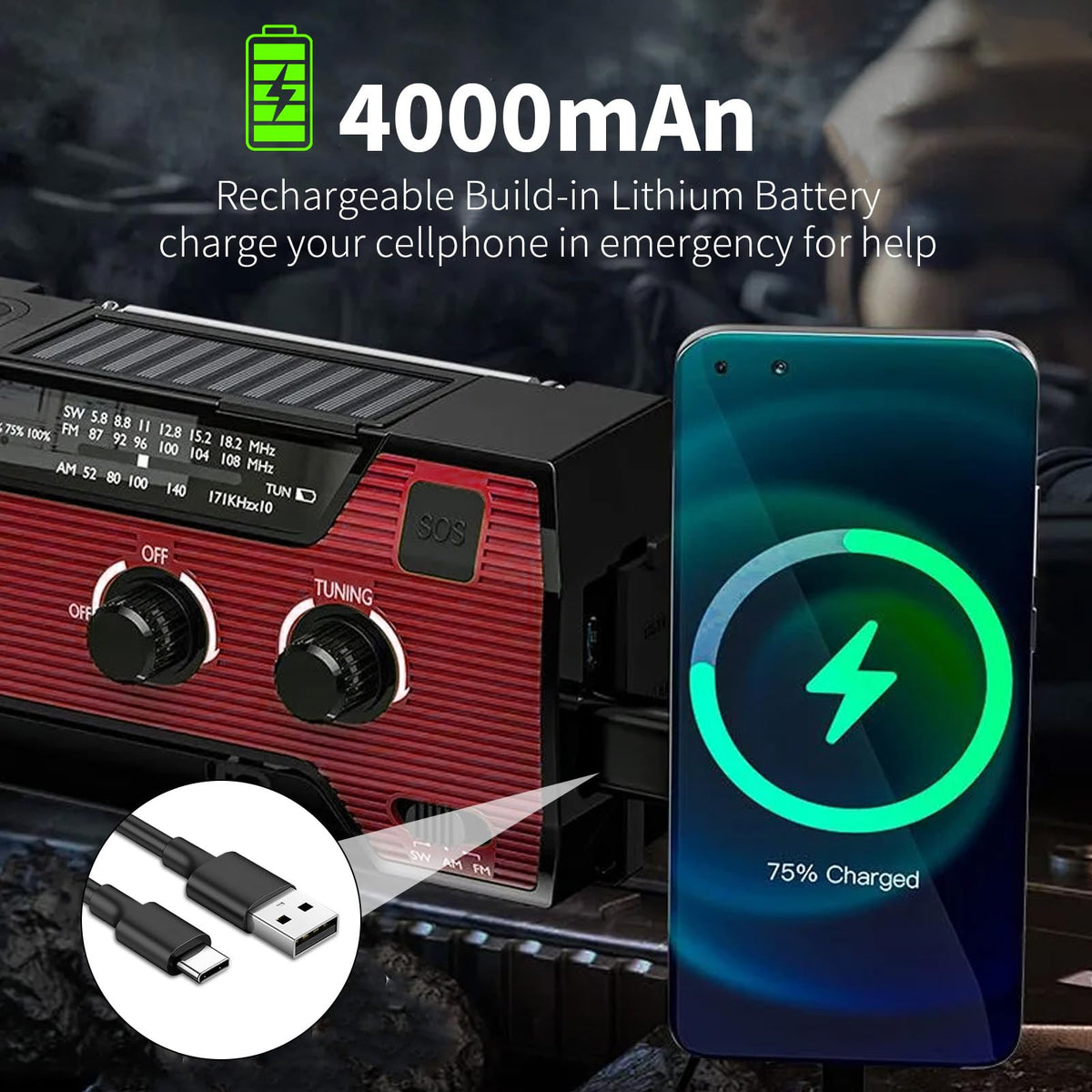Notfall-Solarradio,Solarbaby Selbstbetriebenes Kurbelradio mit LED-Taschenlampe, SOS-Alarm,AM/FM Wetter Wind Up Radio mit 2000mAh Akku für Notladung von Smartphone,(Rod)