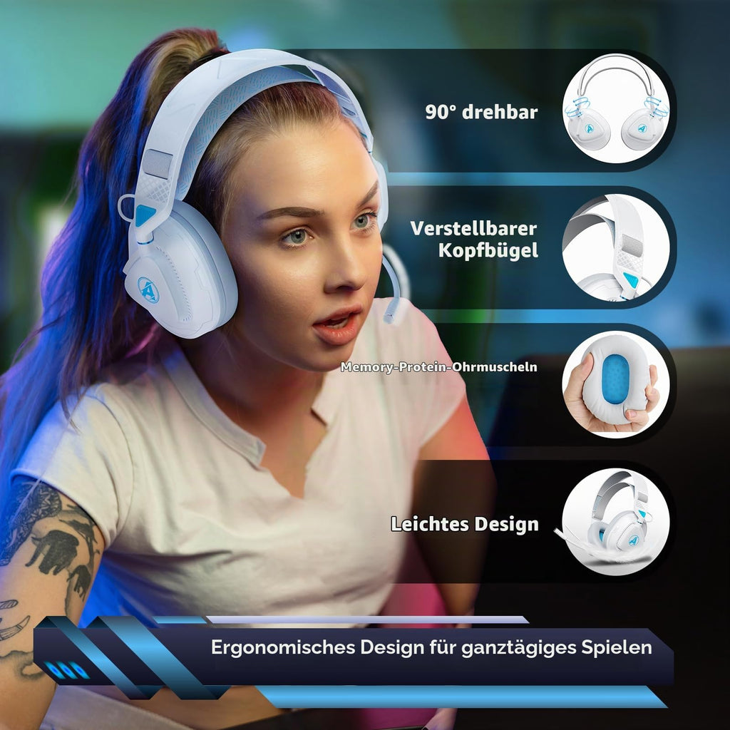 Gaming Headset Wireless für PS5 PS4 PC MAC Handy, 2.4Ghz(USB & Typ-C)+ BT
