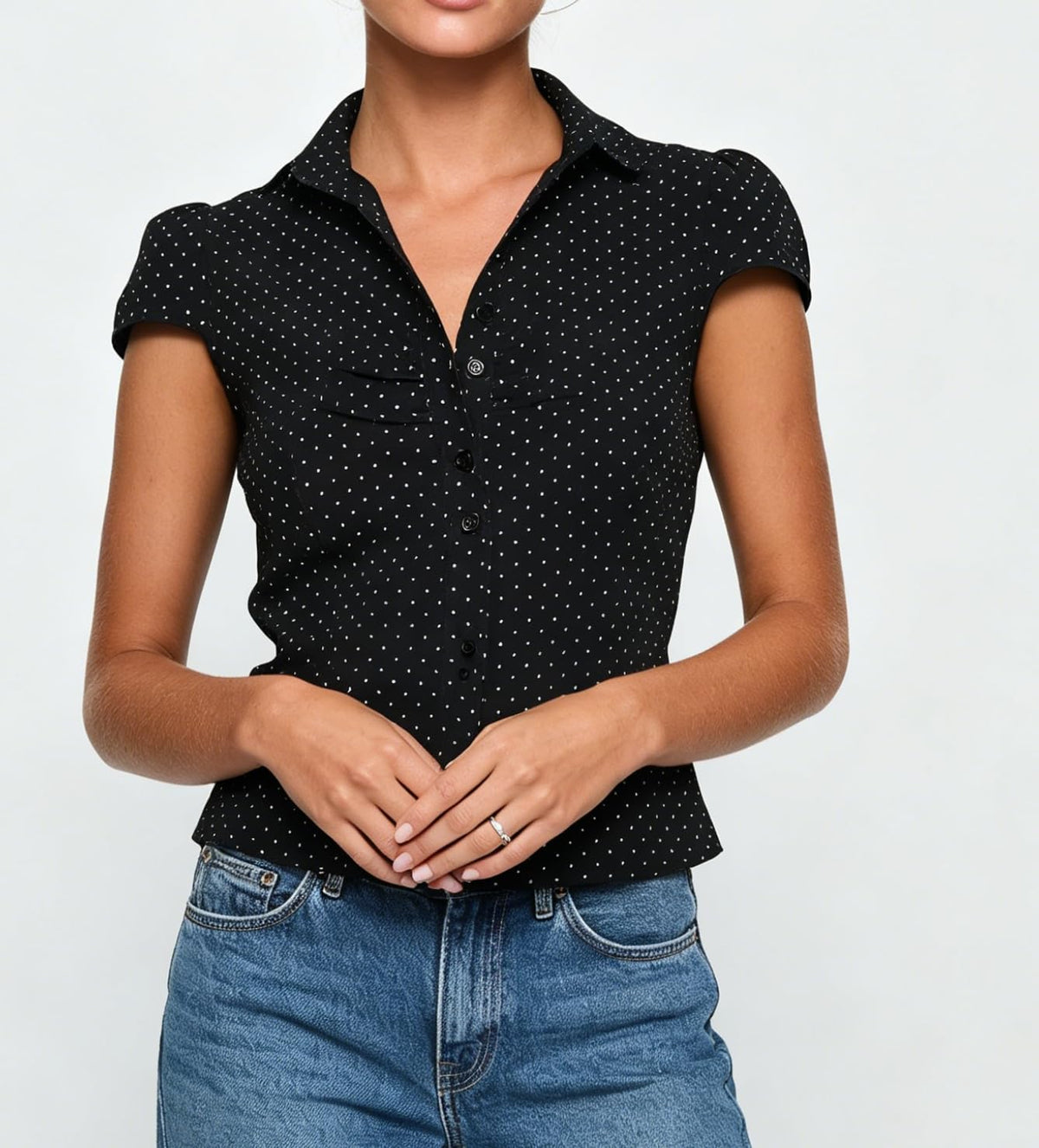 Damen Y2K Kurzarm-Bluse mit Knopfleiste, körperbetont und mit Kragen