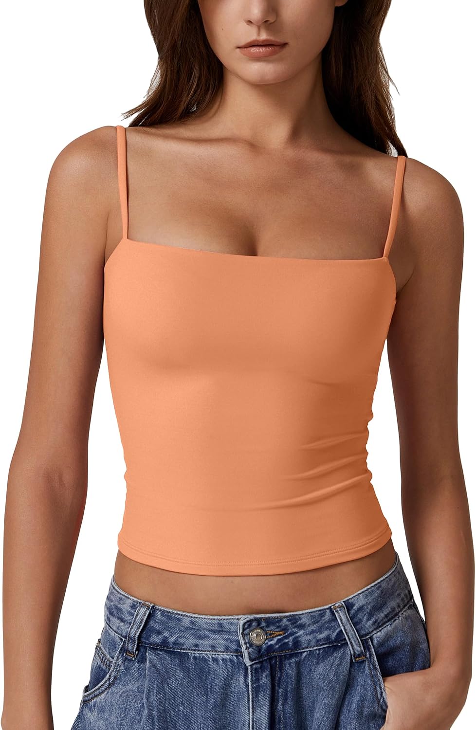 QINSEN Women's Double Lined Basic Tank Top Adjustable Spaghetti Straps Sleeveless Camisole Shirts