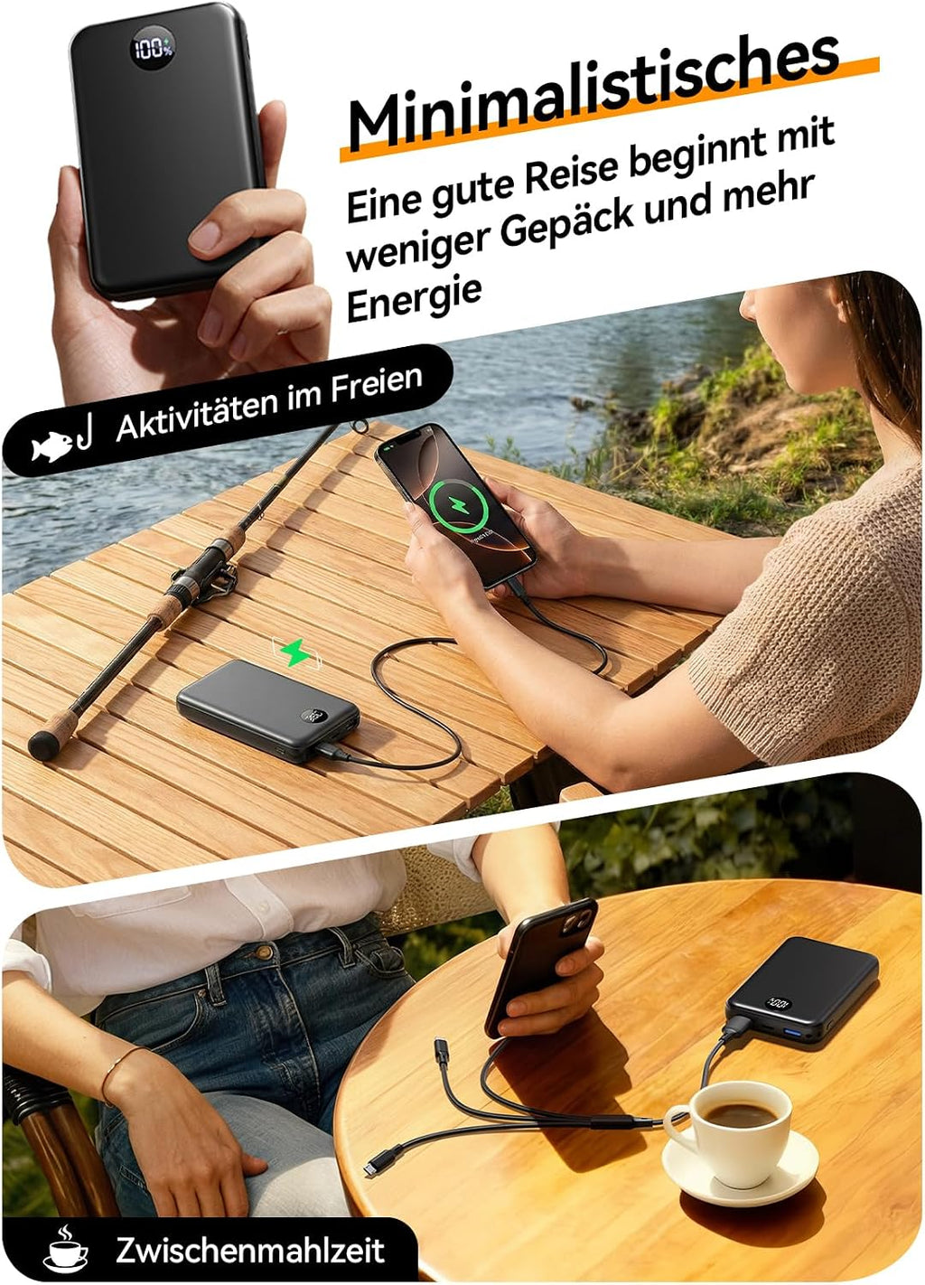 Power Bank 27000mAh, Ultra Kompakte Powerbank Schnellladen mit 3-in-1 Kabel
