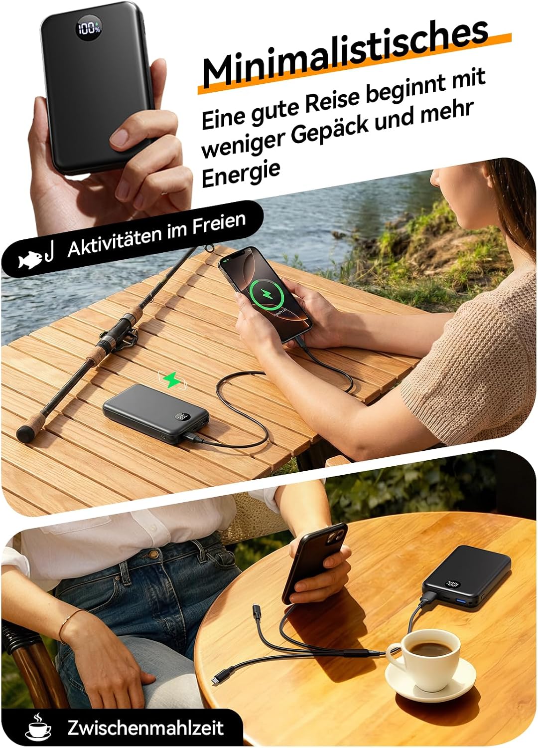 Power Bank 27000mAh, Ultra Kompakte Powerbank Schnellladen mit 3-in-1 Kabel