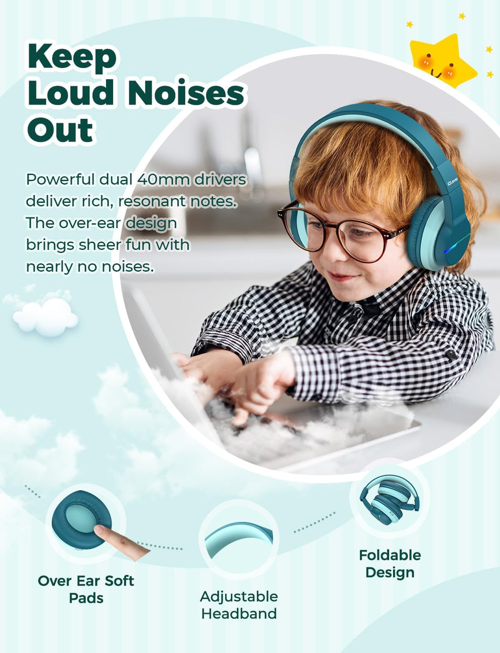 iClever BTH12 Bluetooth-Kopfhörer für Kinder mit LED-Beleuchtung, 85 Stunden Wiedergabezeit, ideal für Reisen