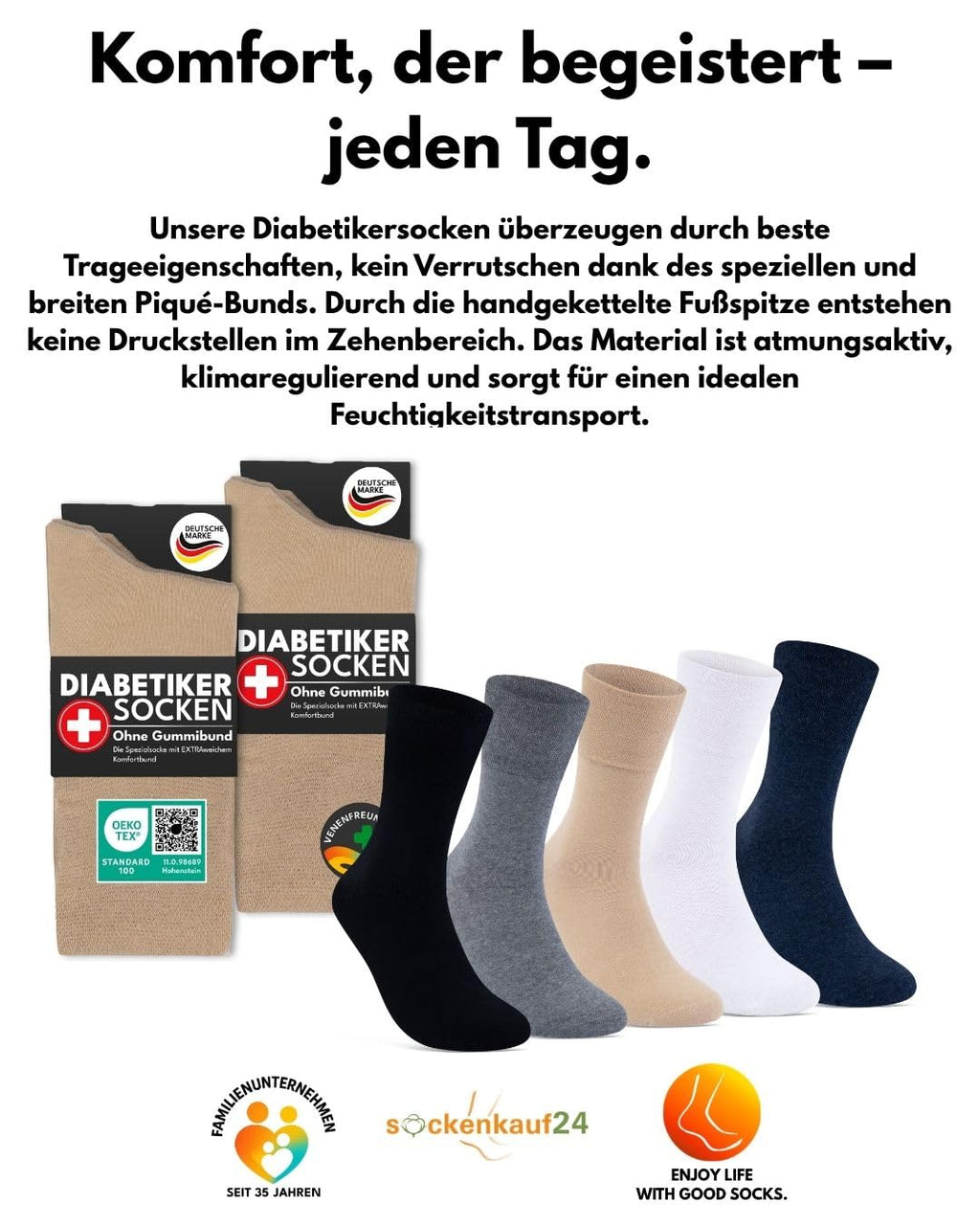 sockenkauf24 Diabetikersocken ohne Gummi & ohne Naht 97% Baumwolle (6 Paar) Diabetiker Socken mit Komfortbund für Damen & Herren