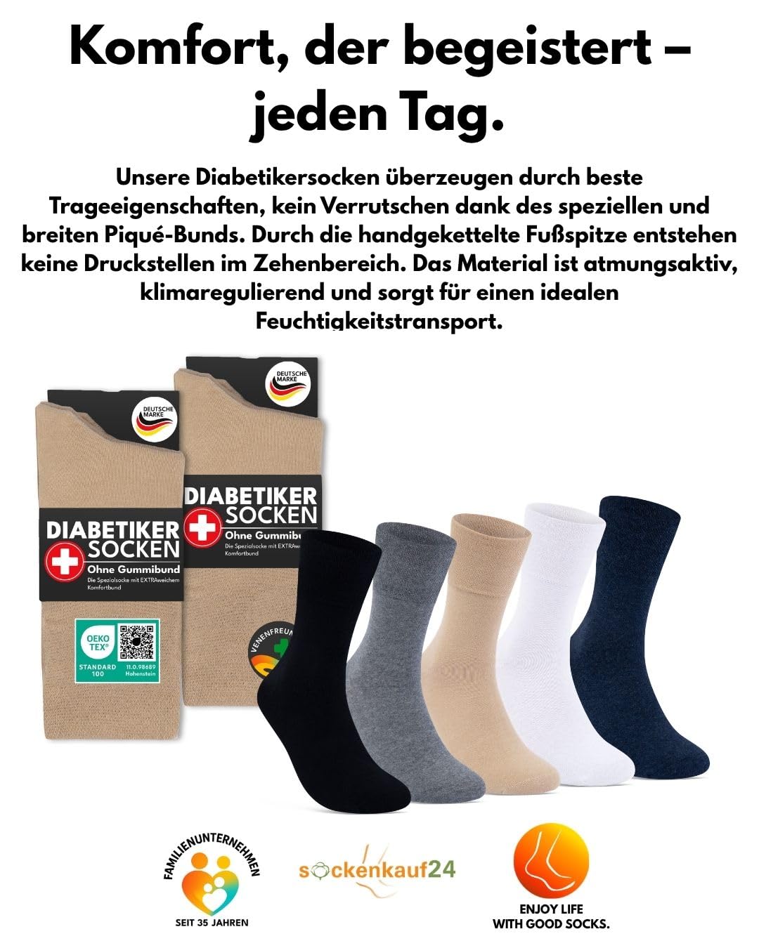 sockenkauf24 Diabetikersocken ohne Gummi & ohne Naht 97% Baumwolle (6 Paar) Diabetiker Socken mit Komfortbund für Damen & Herren