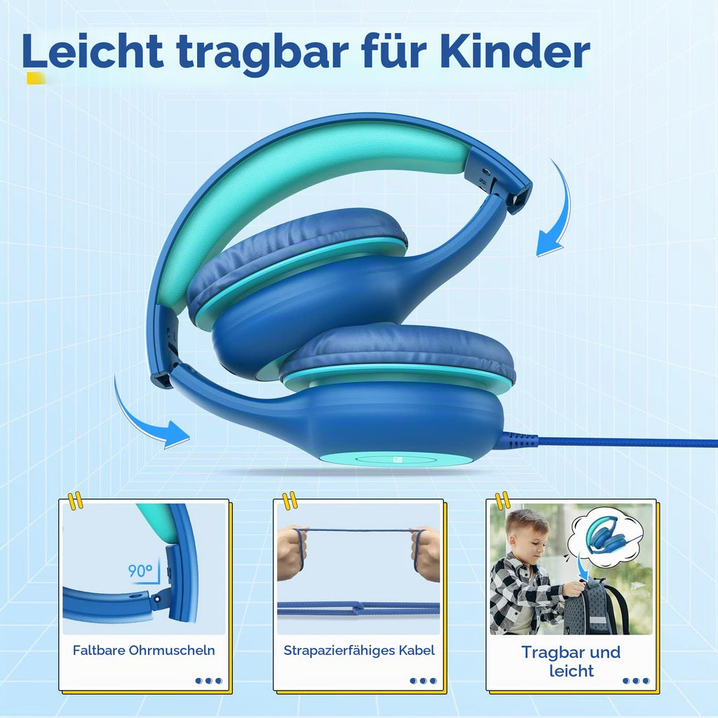 EarFun Kinder Kopfhörer mit 3,5 mm Kabel, Lautstärkebegrenzung, Blau-grün