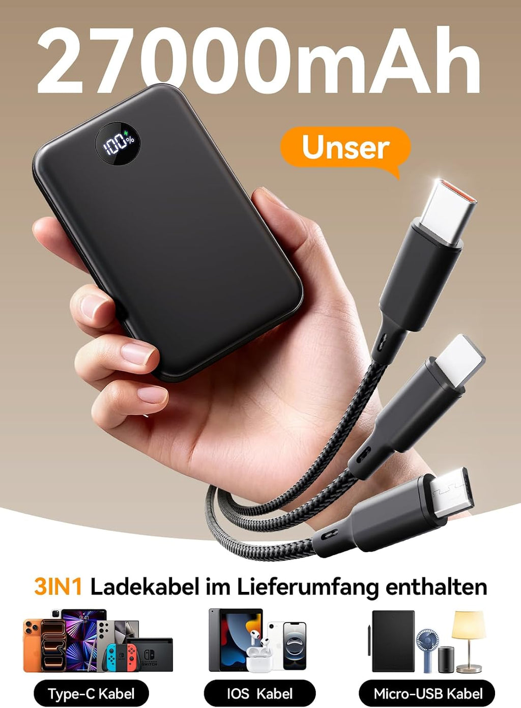 Power Bank 27000mAh, Ultra Kompakte Powerbank Schnellladen mit 3-in-1 Kabel