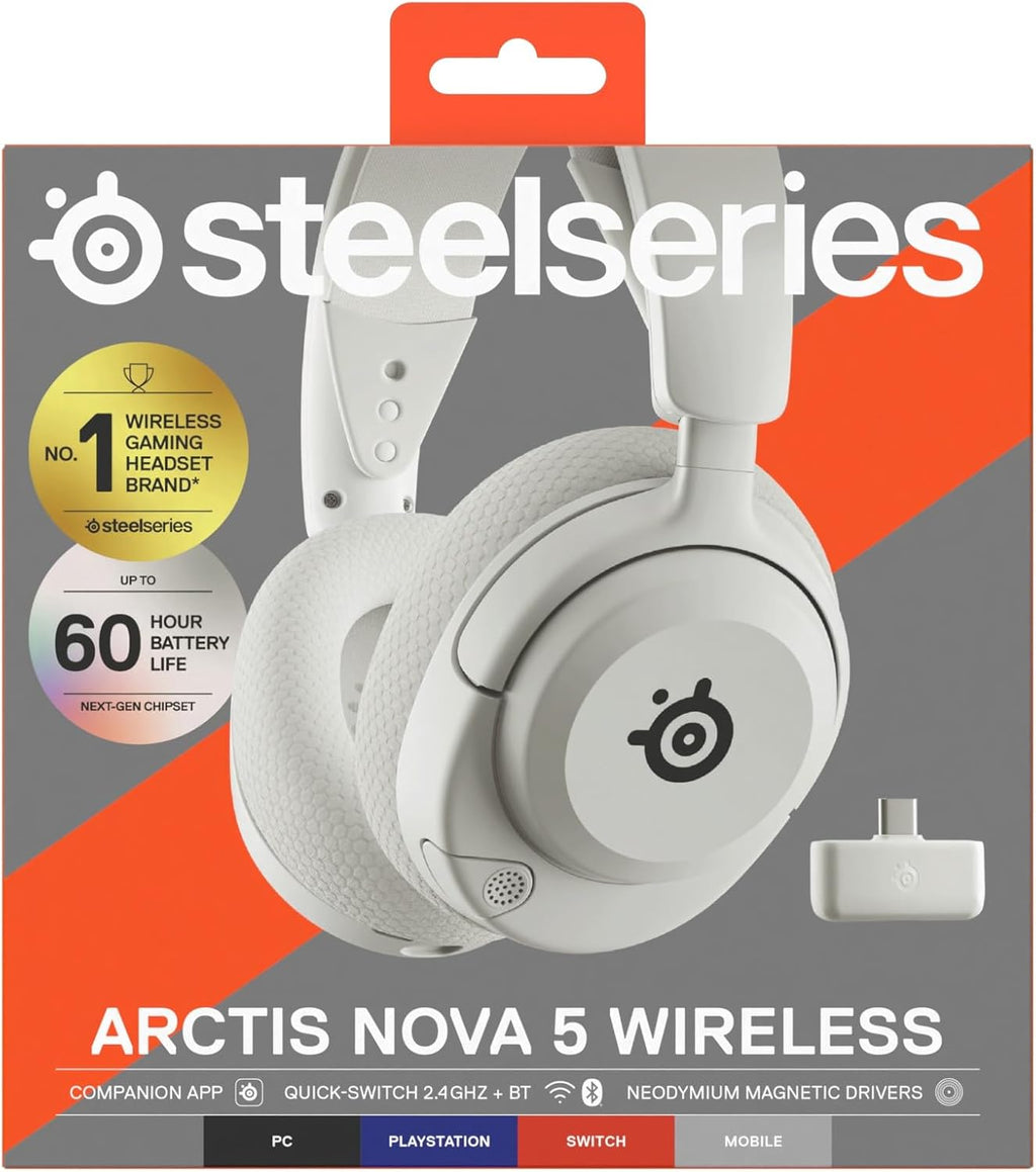 SteelSeries Arctis Nova 5 Wireless - Gaming Headset- Multi-System -PC,PS5 - Magnetische Neodym-Treiber -Über 100 Audio Presets - 60H Akkulaufzeit - 2,4 GHz oder BT-ClearCast Gen2.X-Mik -Weiß