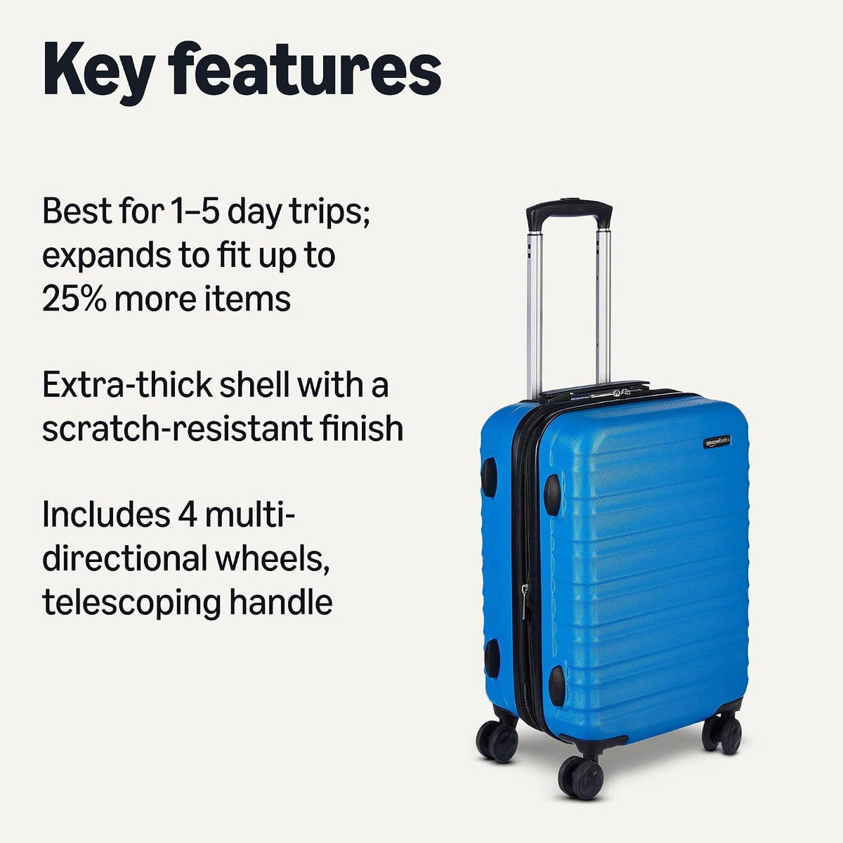 Amazon Basics 21" Hardside Carry-On Luggage with Spinner Wheels, Expandable for Up to 25% More Space, Scratch-Resistant Hard Shell, Telescoping Handle, Black