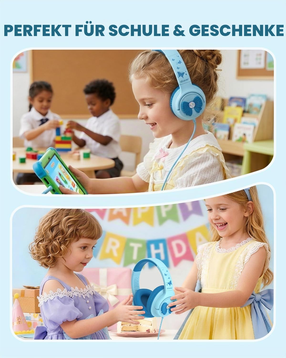 iClever HS26 Kopfhörer Kinder mit 3,5 mm Kabel für Schule/Tablet/Reisen
