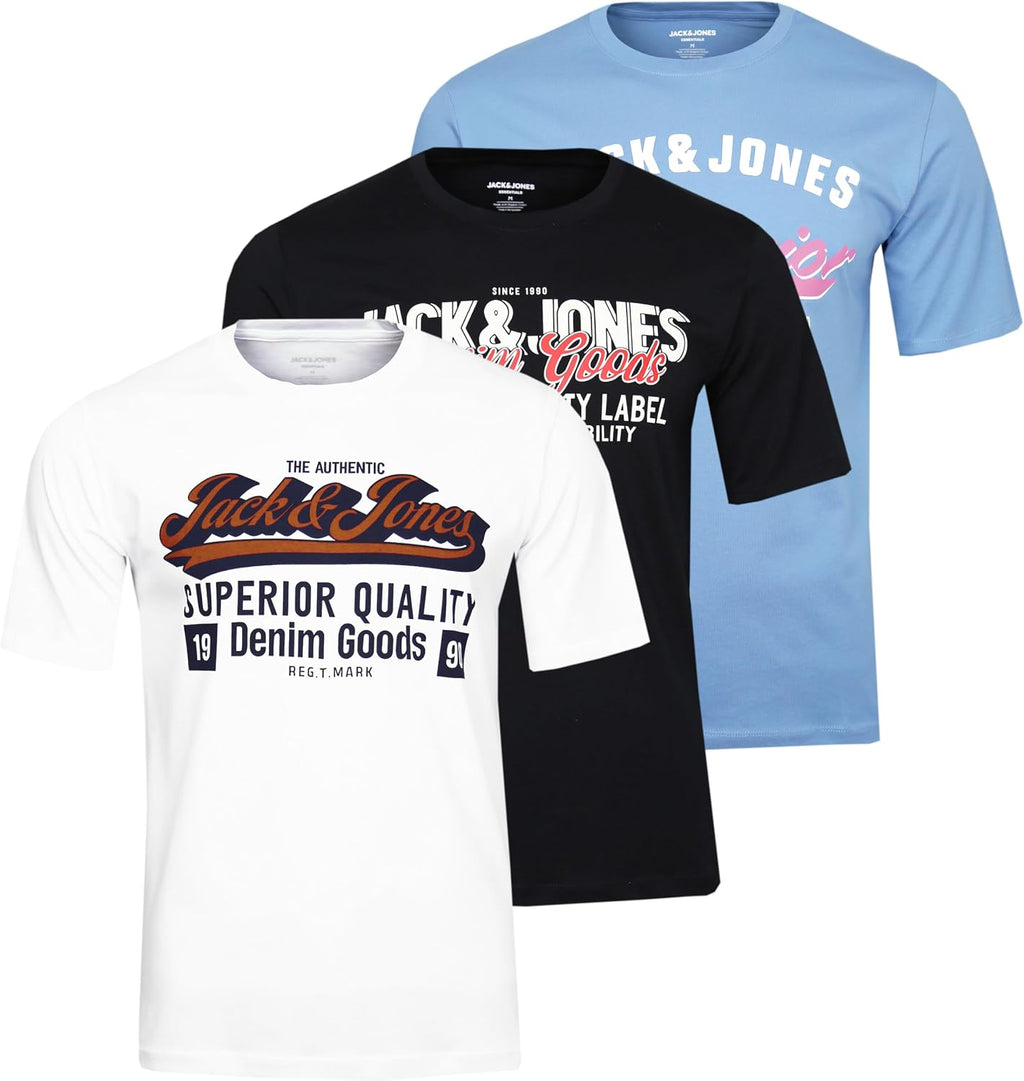 JACK & JONES Herren T-Shirt 3er Pack – Baumwolle, Rundhals, Kurzarm, mit Print – Bequeme Freizeitshirts im modernen Design