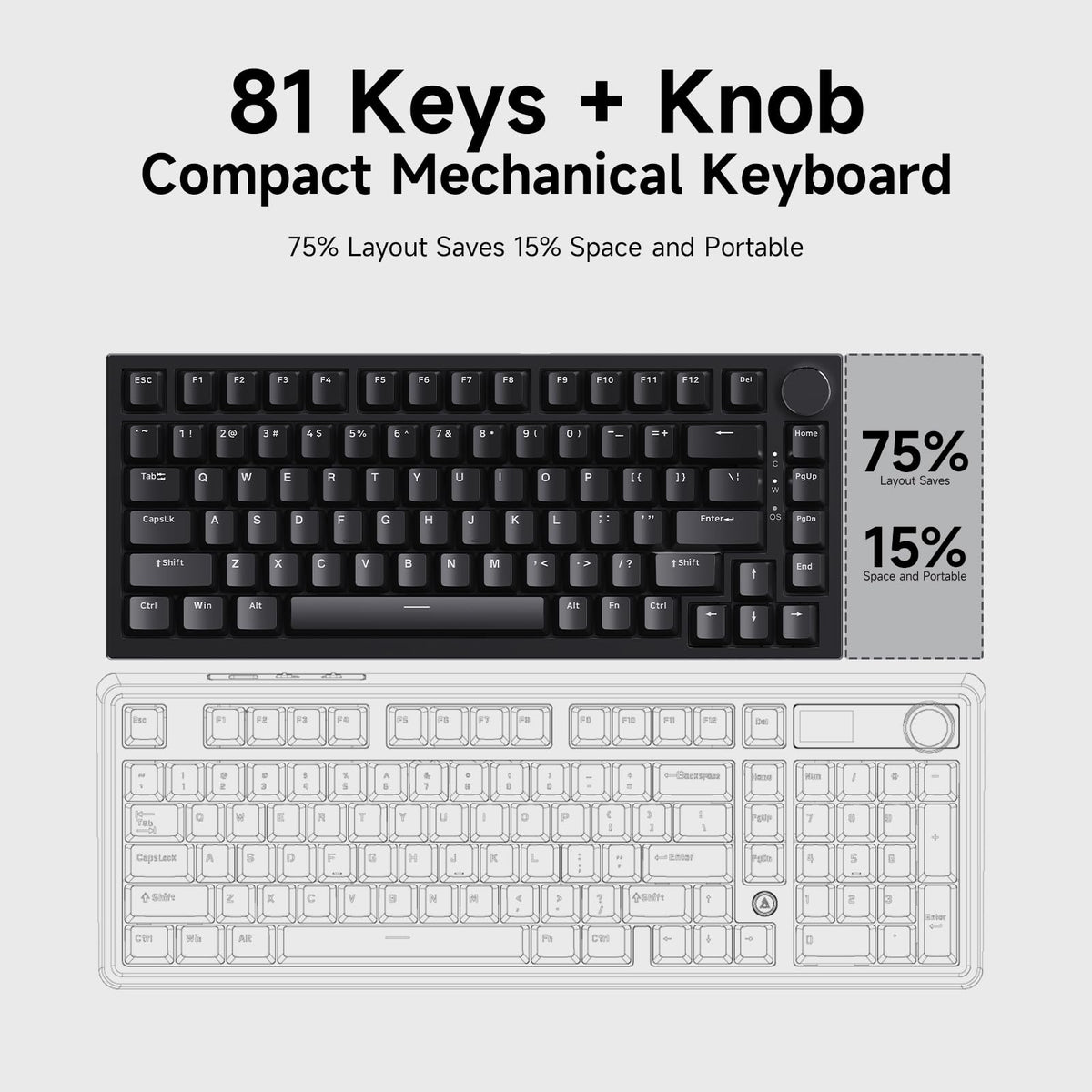 AJAZZ AK820 Mechanical Keyboard, 75% Hot Swappable Wired Keyboard with Volume Control Knob, QWERTY Layout, PBT Keycaps, Five-Layer Sound Insulation Pad, 82-Key Gaming Keyboard, Grey White