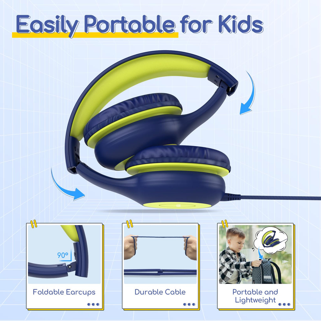 EarFun Kinder Kopfhörer mit 3,5 mm Kabel, Lautstärkebegrenzung, Blau-grün