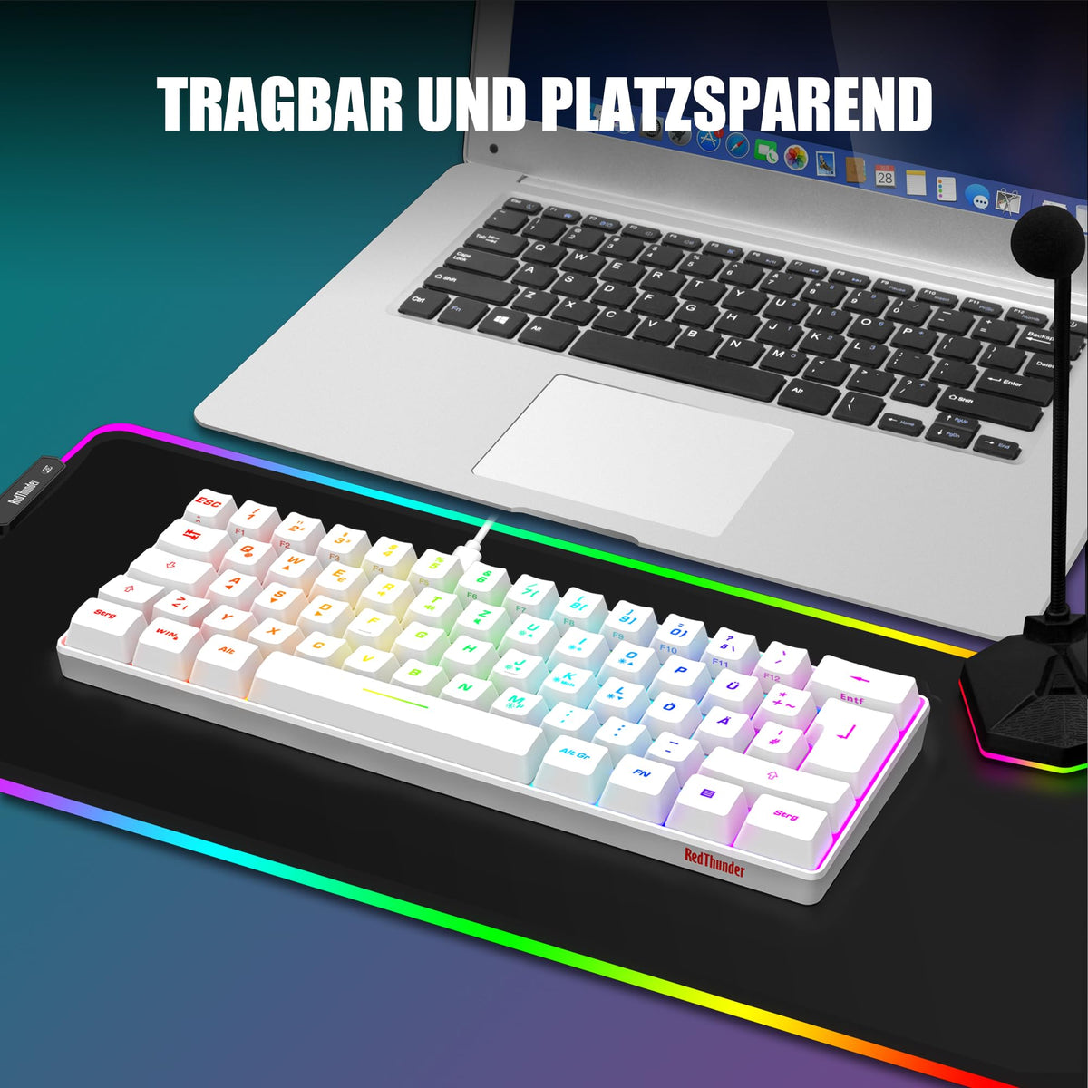 RedThunder 60% Kabelloses RGB Gaming Tastatur und Maus Set, QWERTZ DE Layout, Wiederaufladbare Funktastatur mit Ultraleichte Gaming Maus mit Wabenkonstruktion, für PC MAC PS5 Xbox Gamer, Büro.