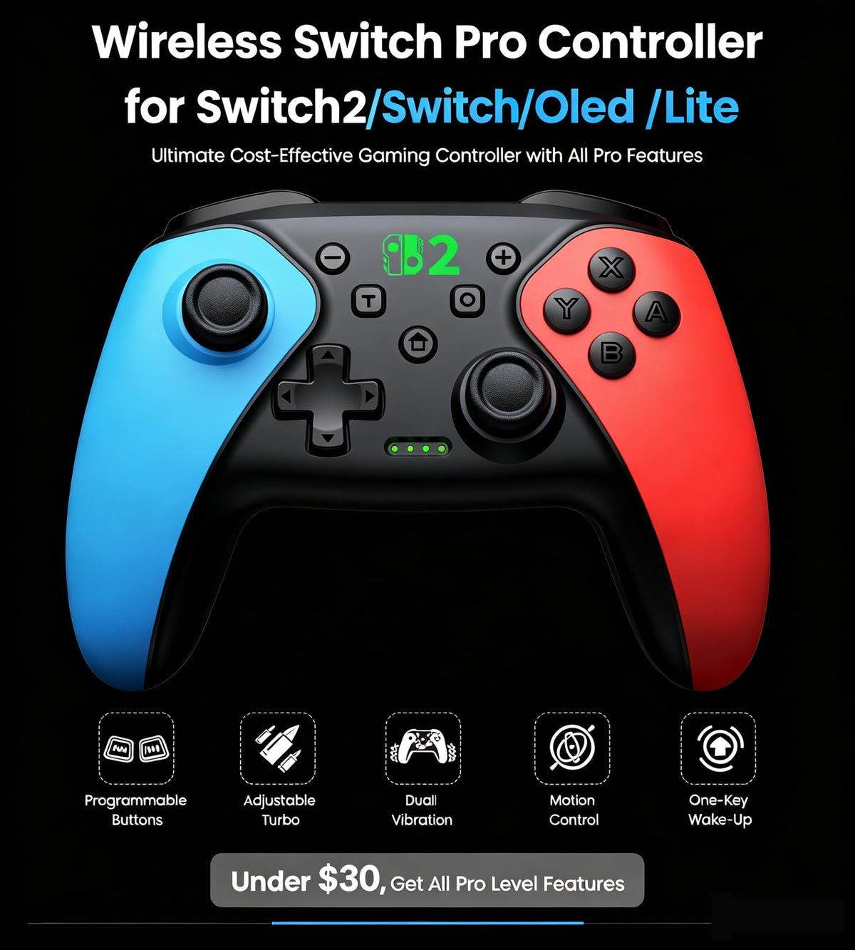 HELLCOOL Switch Controller, Kabellos Switch Pro Controller für Switch/Lite/OLED Konsole, Macro/Turbo/Aufwachfunktion, Präzise Steuerung, Dual Motors Vibration, 15 Std Spieldauer