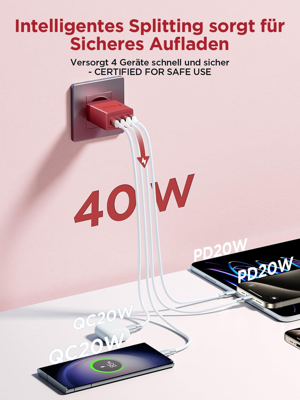 USB C Ladegerät, 40W 4-Port USB ladegerät Mehrfach Schnellladegerät PD 3.0