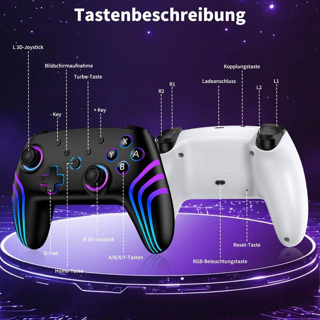 Reddening Switch 2 Controller für Switch/Switch 2/Switch Lite/Switch OLED,Switch Controller mit Doppel Vibration,Switch 2 Pro Controller mit 6 Achsen Gyro,Hall Joystick,Aufwachen,Turbo (Weiß Schwarz)