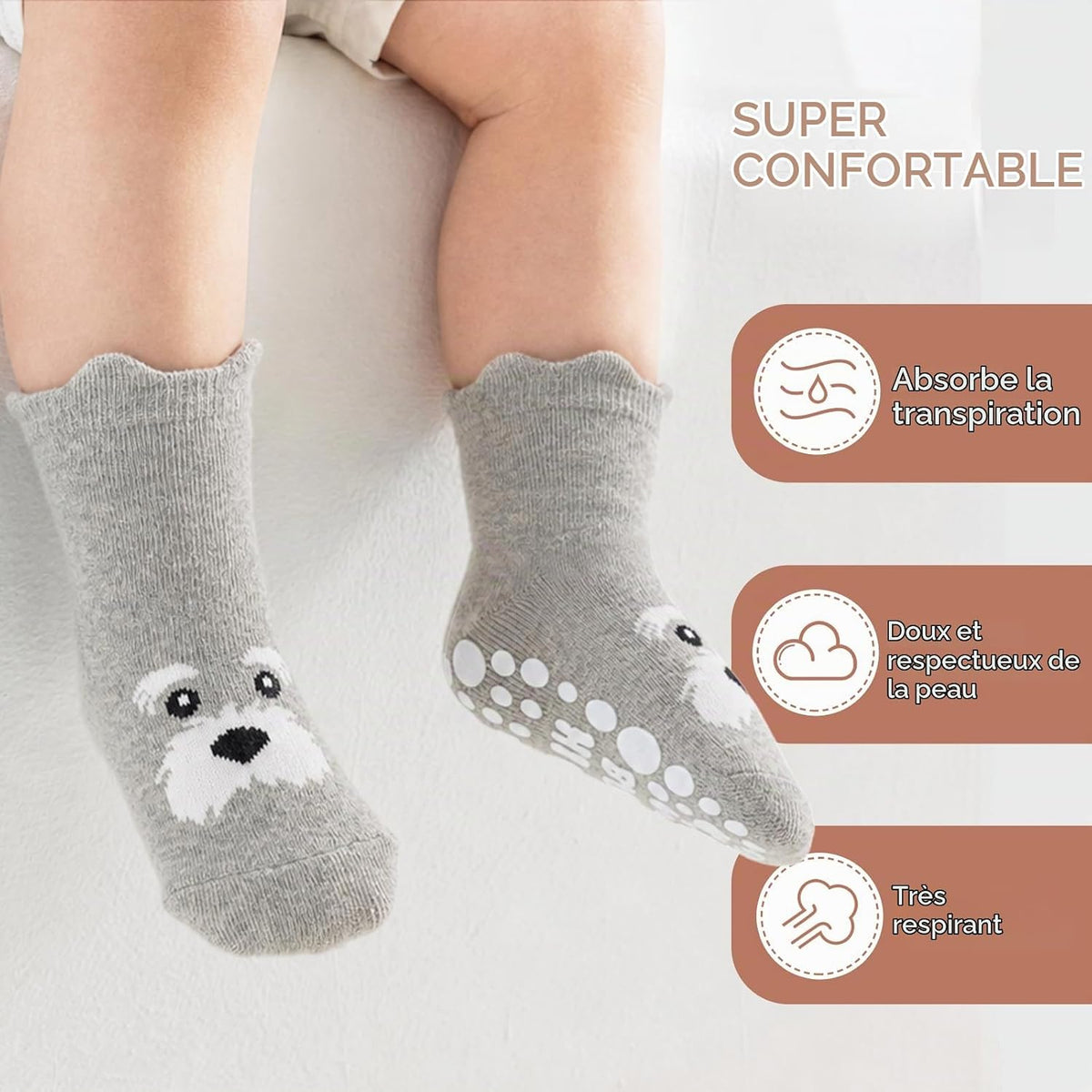 SockWaddles Chaussettes de bébé, 5 paires de chaussettes antidérapantes ABS respirantes pour enfants, chaussettes de bébé en coton, garçons et filles avec des animaux et des licornes