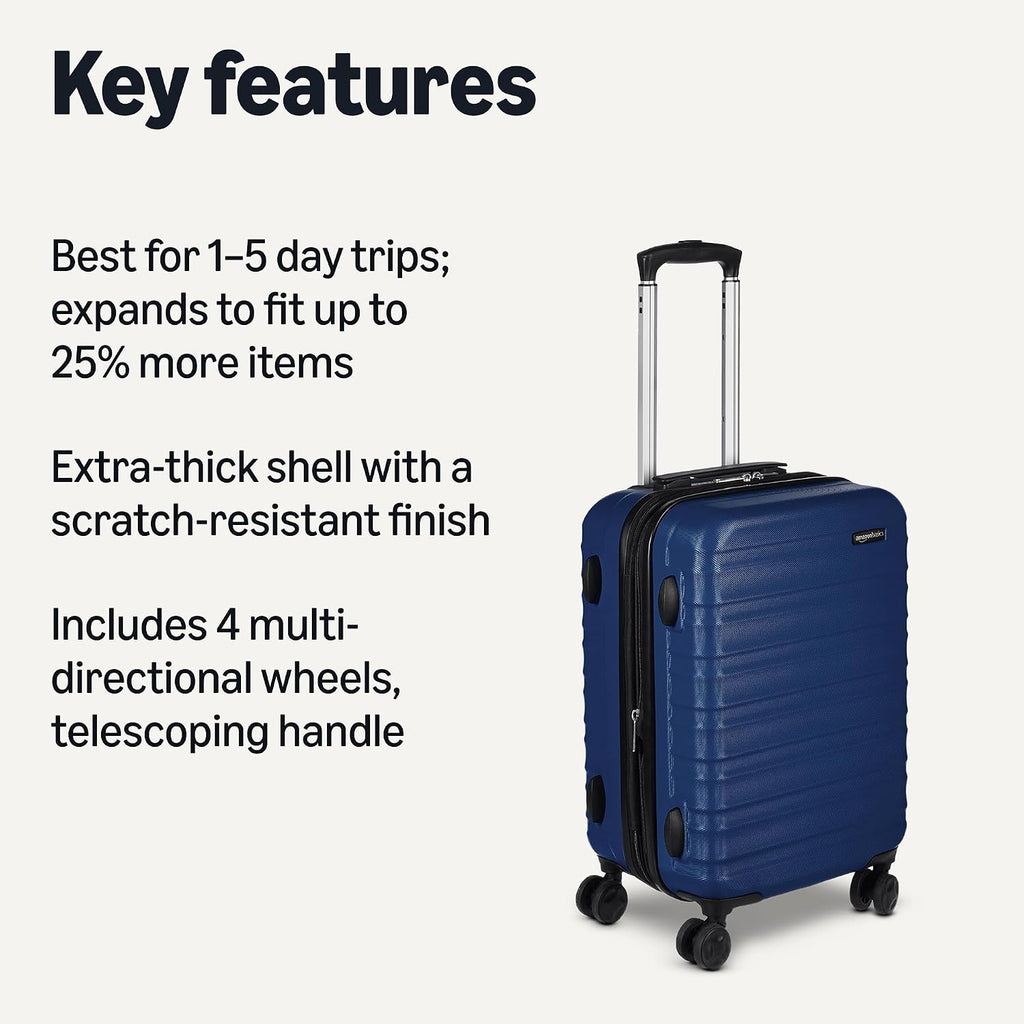 Amazon Basics 21" Hardside Carry-On Luggage with Spinner Wheels, Expandable for Up to 25% More Space, Scratch-Resistant Hard Shell, Telescoping Handle, Black