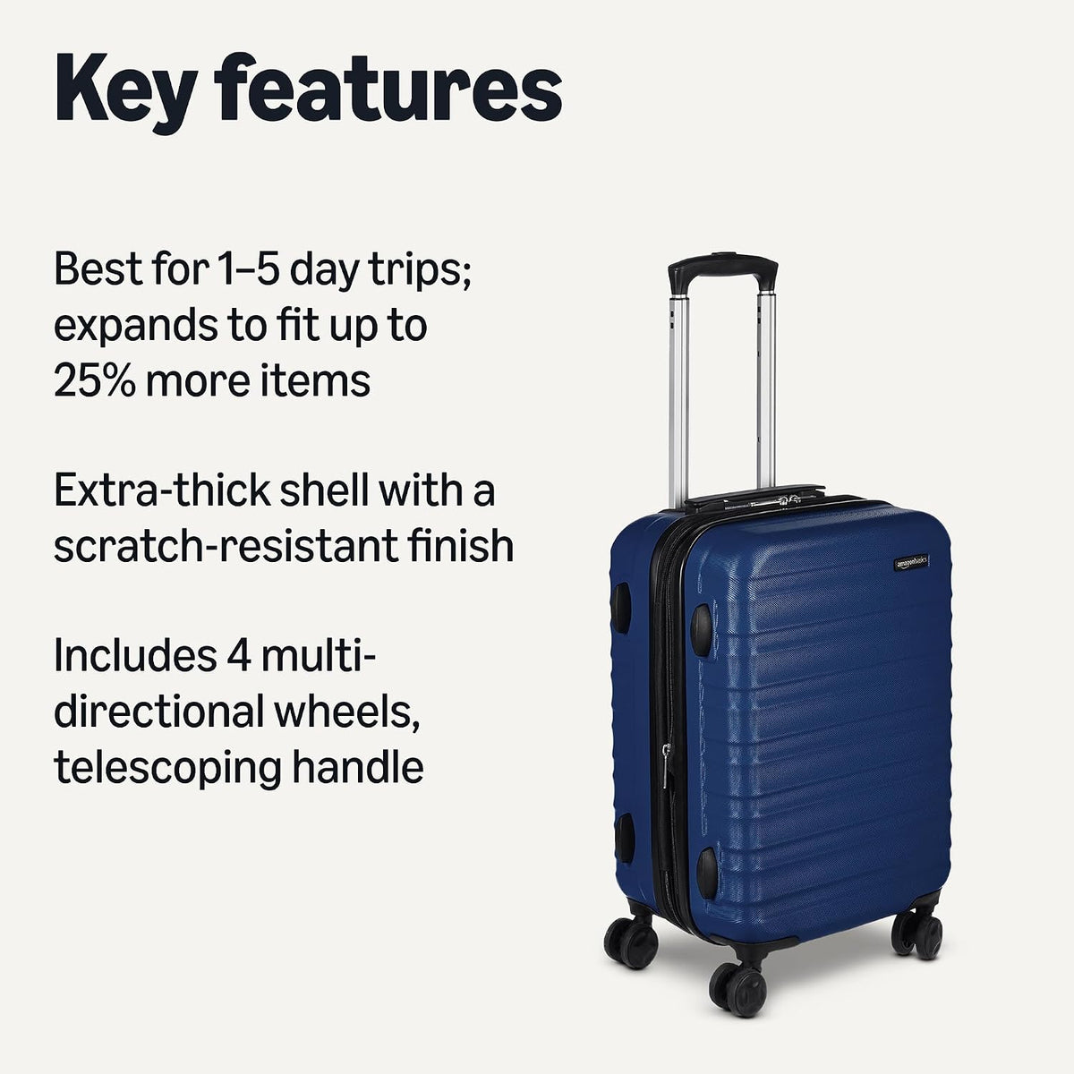 Amazon Basics 21" Hardside Carry-On Luggage with Spinner Wheels, Expandable for Up to 25% More Space, Scratch-Resistant Hard Shell, Telescoping Handle, Black