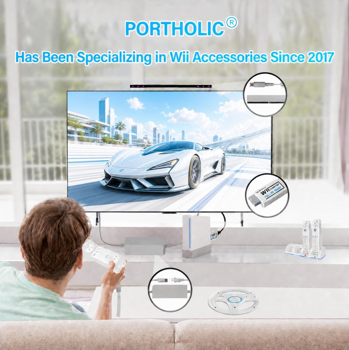 PORTHOLIC Wii Adapter Hdmi,Adapter auf HDMI Konverter mit 1080P/720P Eingang und Ausgang Video und Audio 3,5 mm + HDMI Kabel für alle Anzeigemodi (Weiß)