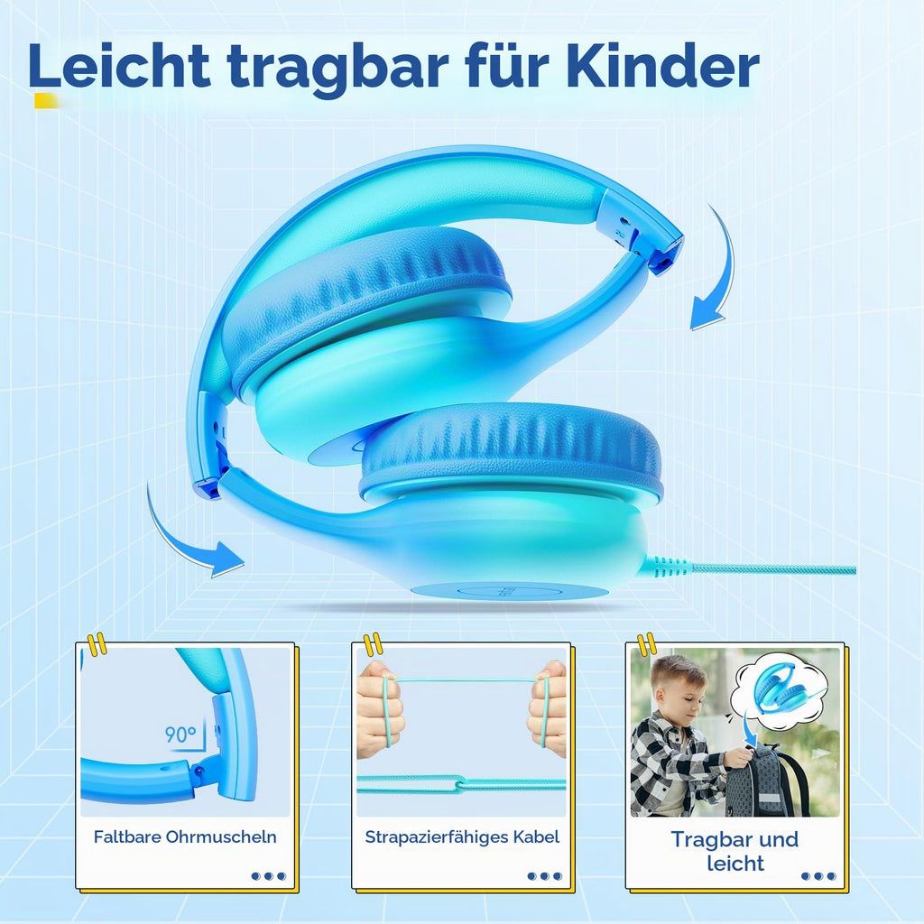 EarFun Kinder Kopfhörer mit 3,5 mm Kabel, Lautstärkebegrenzung, Blau-grün
