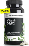 natural elements Vitamin D3 + K2 Depot – 180 Tabletten – Premium-Qualität: K2VITAL® von Kappa – 99,7+% All-Trans K2-MK7 + 5000 IE Vitamin D3 – hochdosiert, ohne Zusätze – laborgeprüfte Qualität