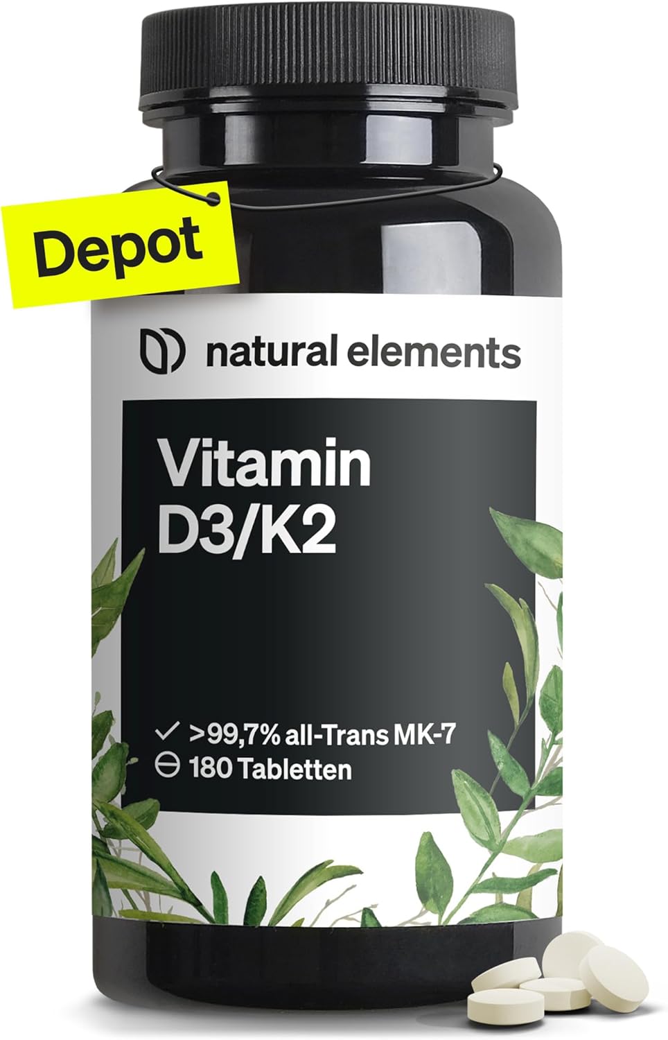 natural elements Vitamin D3 + K2 Depot – 180 Tabletten – Premium-Qualität: K2VITAL® von Kappa – 99,7+% All-Trans K2-MK7 + 5000 IE Vitamin D3 – hochdosiert, ohne Zusätze – laborgeprüfte Qualität