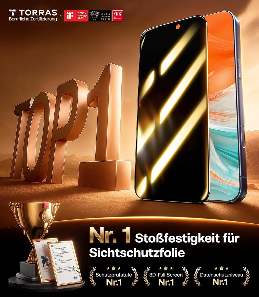 TORRAS für iPhone 18 Pro für Panzerglas TOP 9H+, Auto-Montage, 2 Stück