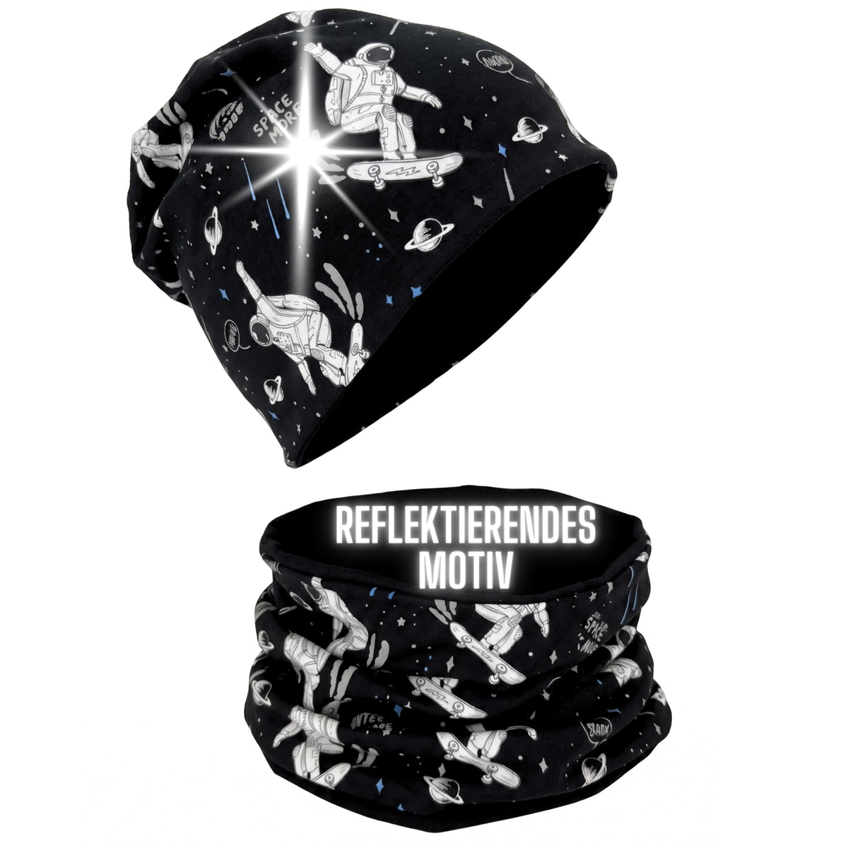 HECKBO 360° Reflektor Kinder Mütze & Loop Schal Set - 95% Baumwolle - weiches & pflegeleichtes Stretch-Material - Beanie Frühling Herbst Winter (48-54 cm)
