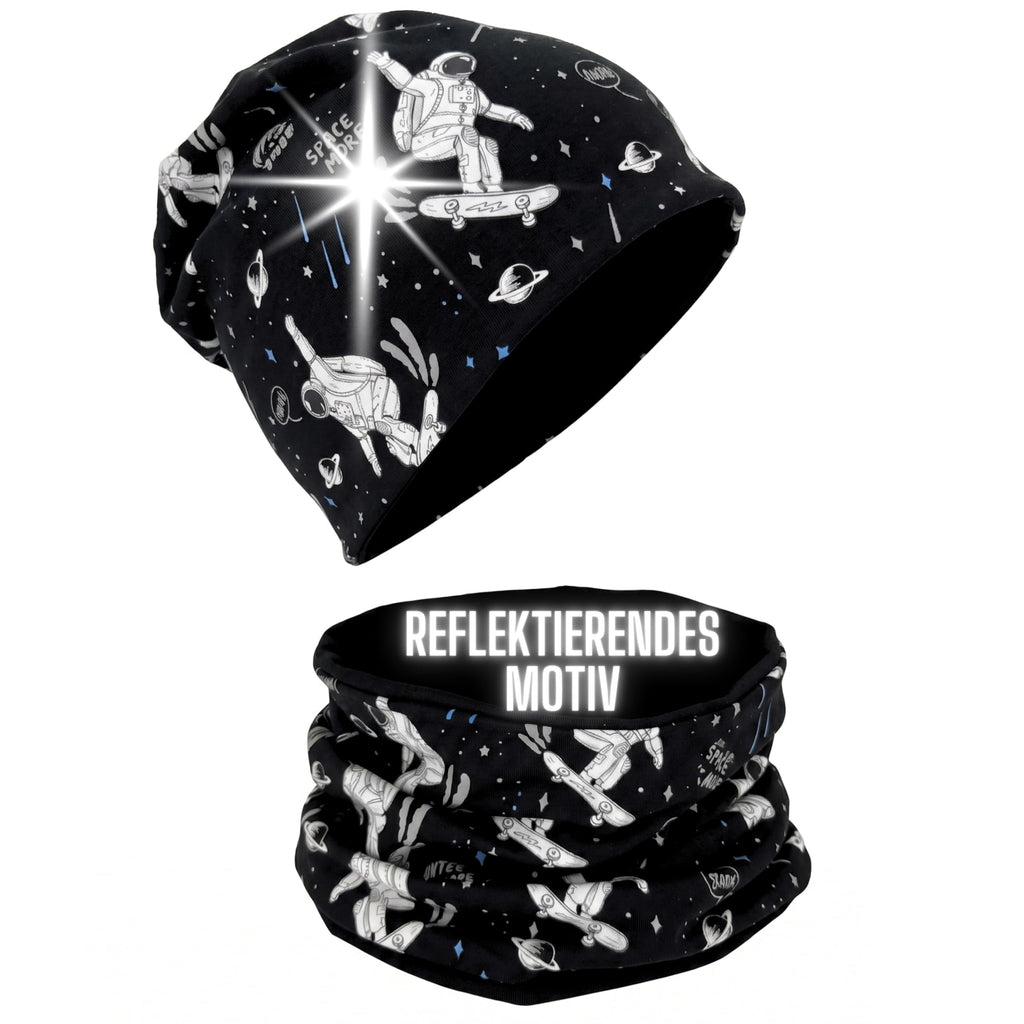 HECKBO 360° Reflektor Kinder Mütze & Loop Schal Set - 95% Baumwolle - weiches & pflegeleichtes Stretch-Material - Beanie Frühling Herbst Winter (48-54 cm)