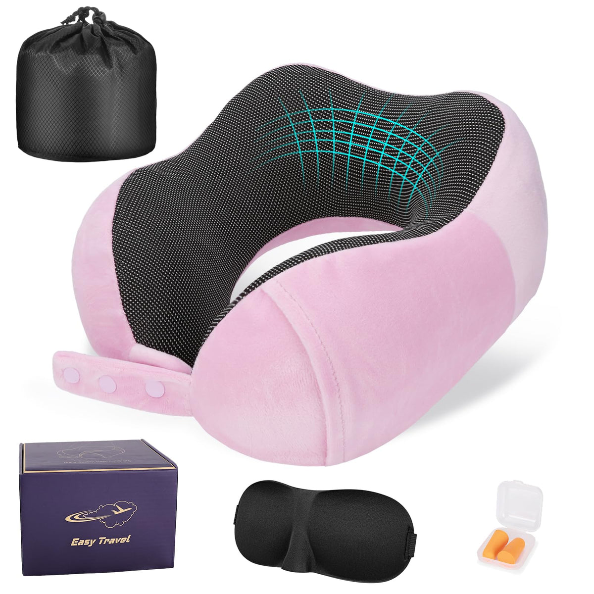 Cirorld Reisekissen für das Flugzeug, Nackenhörnchen für unterwegs, Memory-Foam-Reisenackenkissen für Erwachsene, verstellbares & kompaktes Flugkissen, ergonomisches Nackenkissen, inklusive Ohrstöpseln, Schlafmaske und Transporttasche
