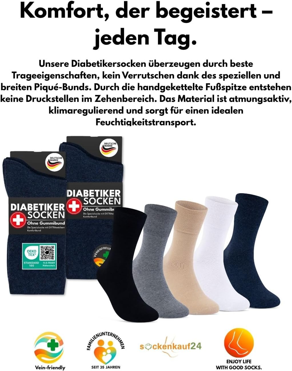 sockenkauf24 Diabetikersocken ohne Gummi & ohne Naht 97% Baumwolle (6 Paar) Diabetiker Socken mit Komfortbund für Damen & Herren