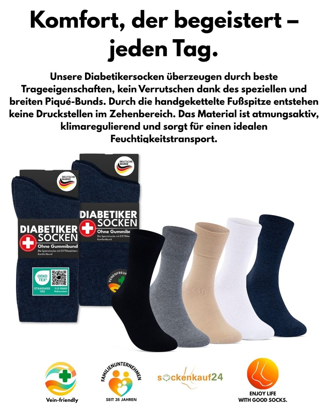 sockenkauf24 Diabetikersocken ohne Gummi & ohne Naht 97% Baumwolle (6 Paar) Diabetiker Socken mit Komfortbund für Damen & Herren