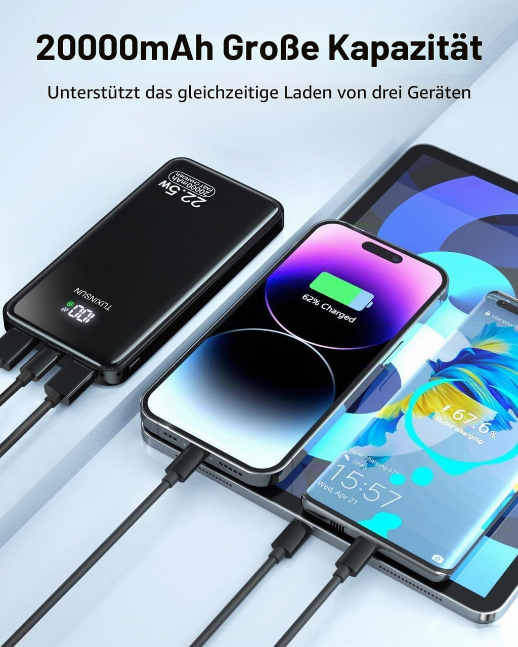 Power Bank 20000 mAh 22.5 W PD3.0 QC4.0 Externer Handyakku PD20W Schnellladen Powerbank mit LCD-Display USB-C Ausgänge und Eingänge Tragbares Ladegerät mit Smartphones