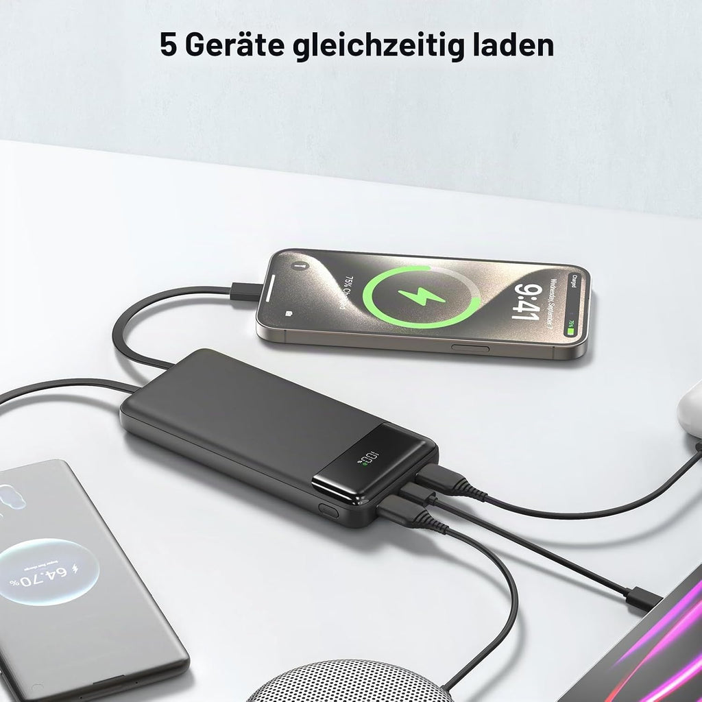 Power Bank 20000mAh, Powerbank 22,5W Schnellladung mit Integrierten 3 Kabel