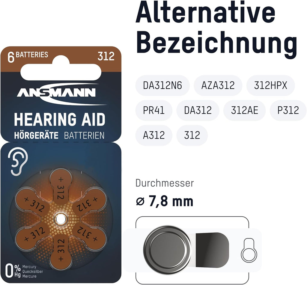 Ansmann Hörgerätebatterien 312-60x Zink-Luft Batterien Typ PR41 - Braun