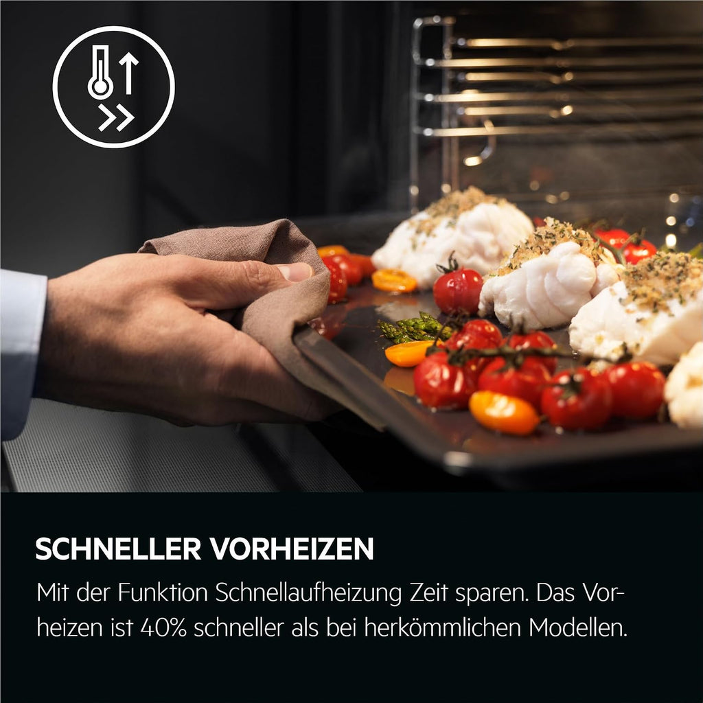 AEG Einbaubackofen, Serie 5 Ringheißluft: Gleichmäßige Garergebnisse auf 3 Ebenen, Pyrolyse Selbstreinigung, 45 Automatikprogramme, LED-Touchdisplay, Schnellaufheizung, Edelstahl, OU5PB40WSM