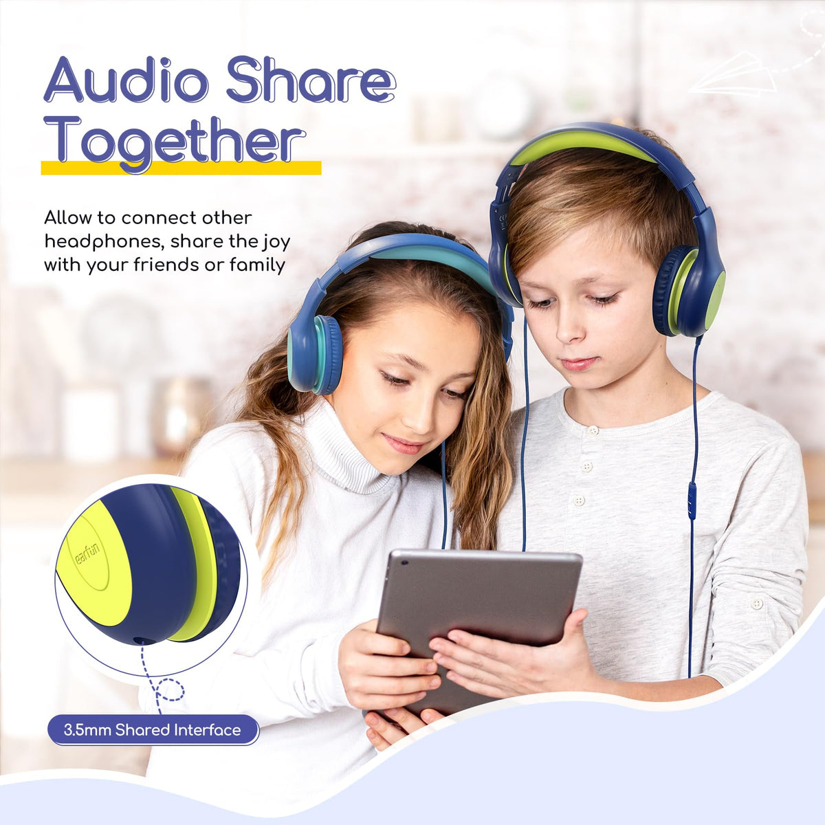 EarFun Kinder Kopfhörer mit 3,5 mm Kabel, Lautstärkebegrenzung, Blau-grün