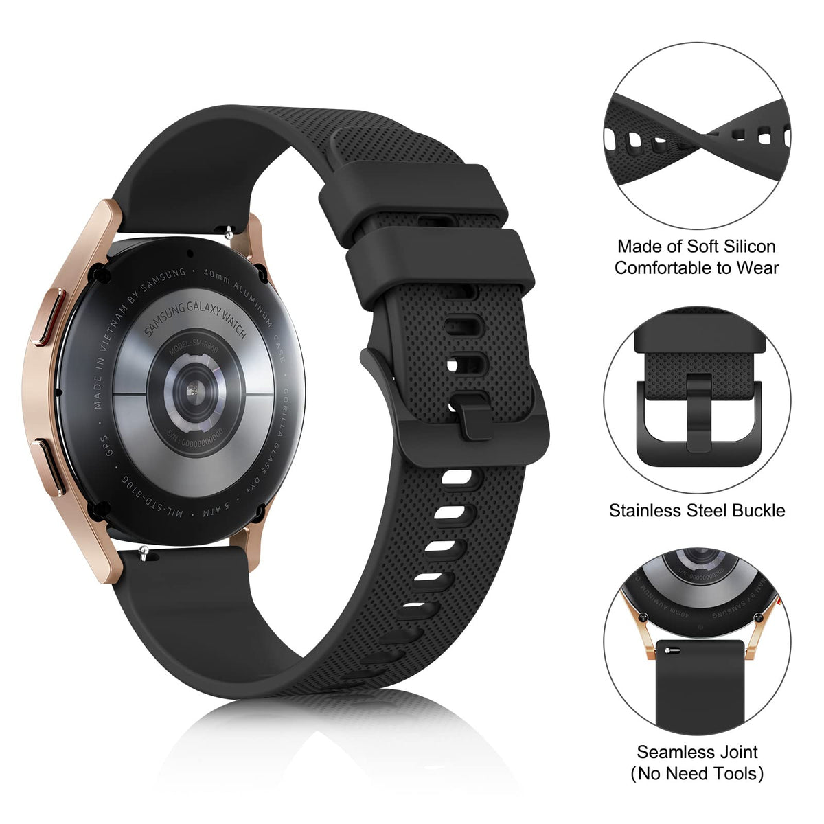 Wanme 20mm Bracelet de Montre en Silicone, Souple Bracelet de Replacement en Dégagement Rapide avec Boucle en Même Couleur Homme Femme 20mm, Starlight