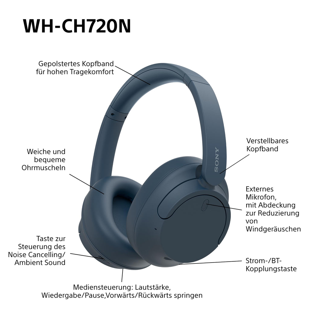 Sony WH-CH720N Kabelloser Bluetooth-Kopfhörer mit Noise Cancelling - bis zu 35 Stunden Akkulaufzeit und Schnellladefunktion - Schwarz