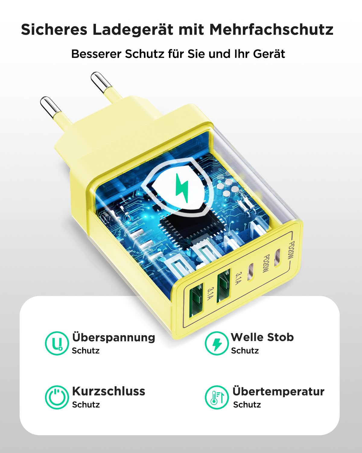 USB C Ladegerät, 40W 4-Port USB ladegerät Mehrfach Schnellladegerät PD 3.0
