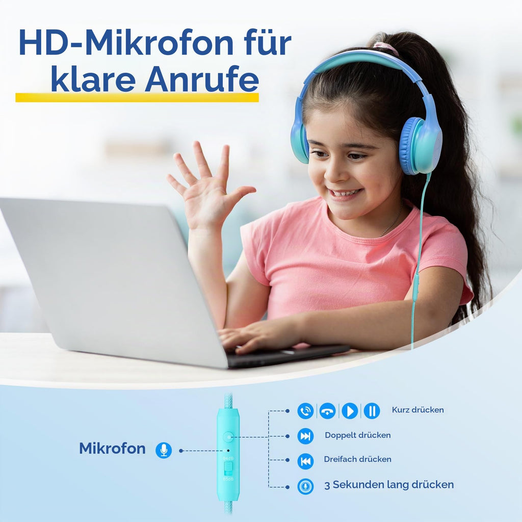 EarFun Kinder Kopfhörer mit 3,5 mm Kabel, Lautstärkebegrenzung, Blau-grün