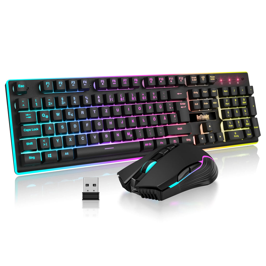 RedThunder K10 Kabelloses Gaming-Tastatur- und Maus-Set, QWERTZ-DE-Layout, LED-Hintergrundbeleuchtung, 3000 mAh Akkukapazität und 3200 DPI für Gamer (Weiß)