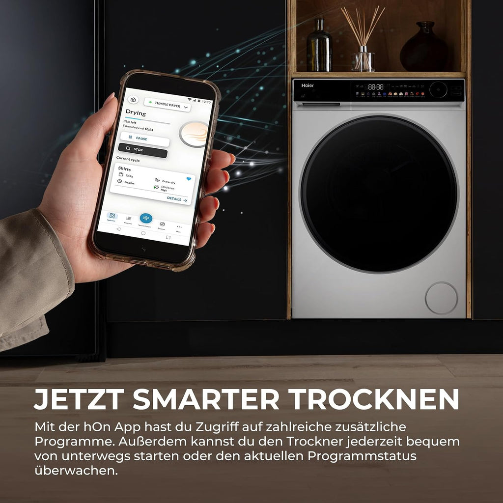 Haier Wärmepumpentrockner 9kg I G7 Serie I Klasse B I AI Power Inverter Motor, iOn Air Fresh, Pillow-Schontrommel, Automatik- & Hygiene-Programm, hOn AppI HD90-B667U1