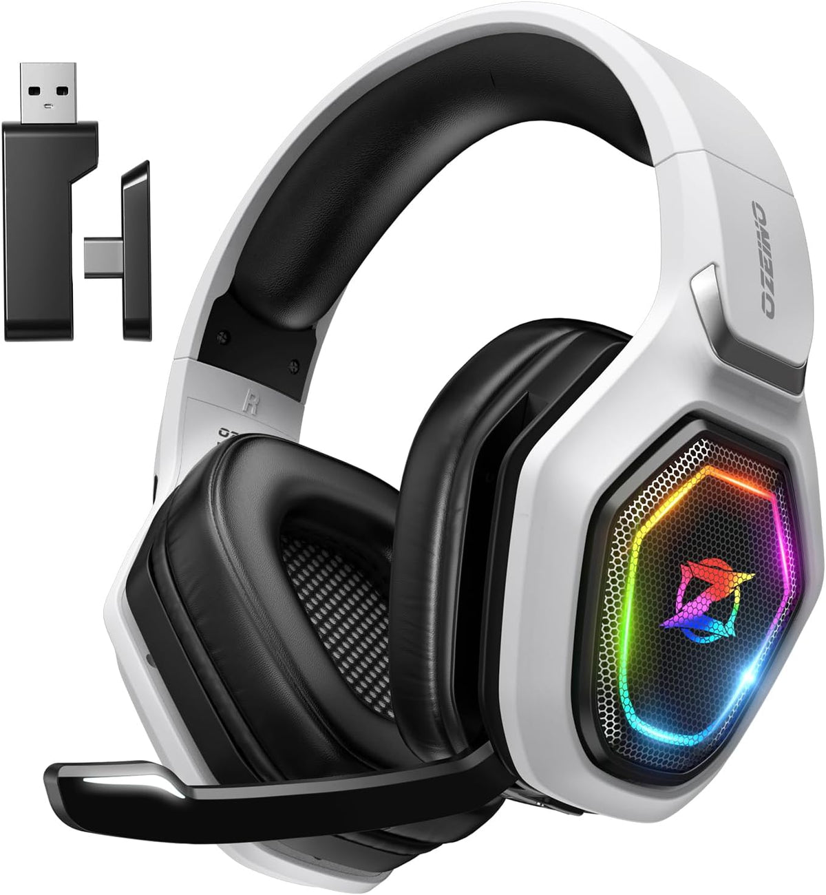 Ozeino 2.4GHz Gaming Headset Wireless mit Mikrofon Geräuschunterdrückung für Ps5/PC/Ps4/Mac, Bluetooth Headset mit RGB Licht, Gaming kopfhörer 40H+ Akkulaufzeit