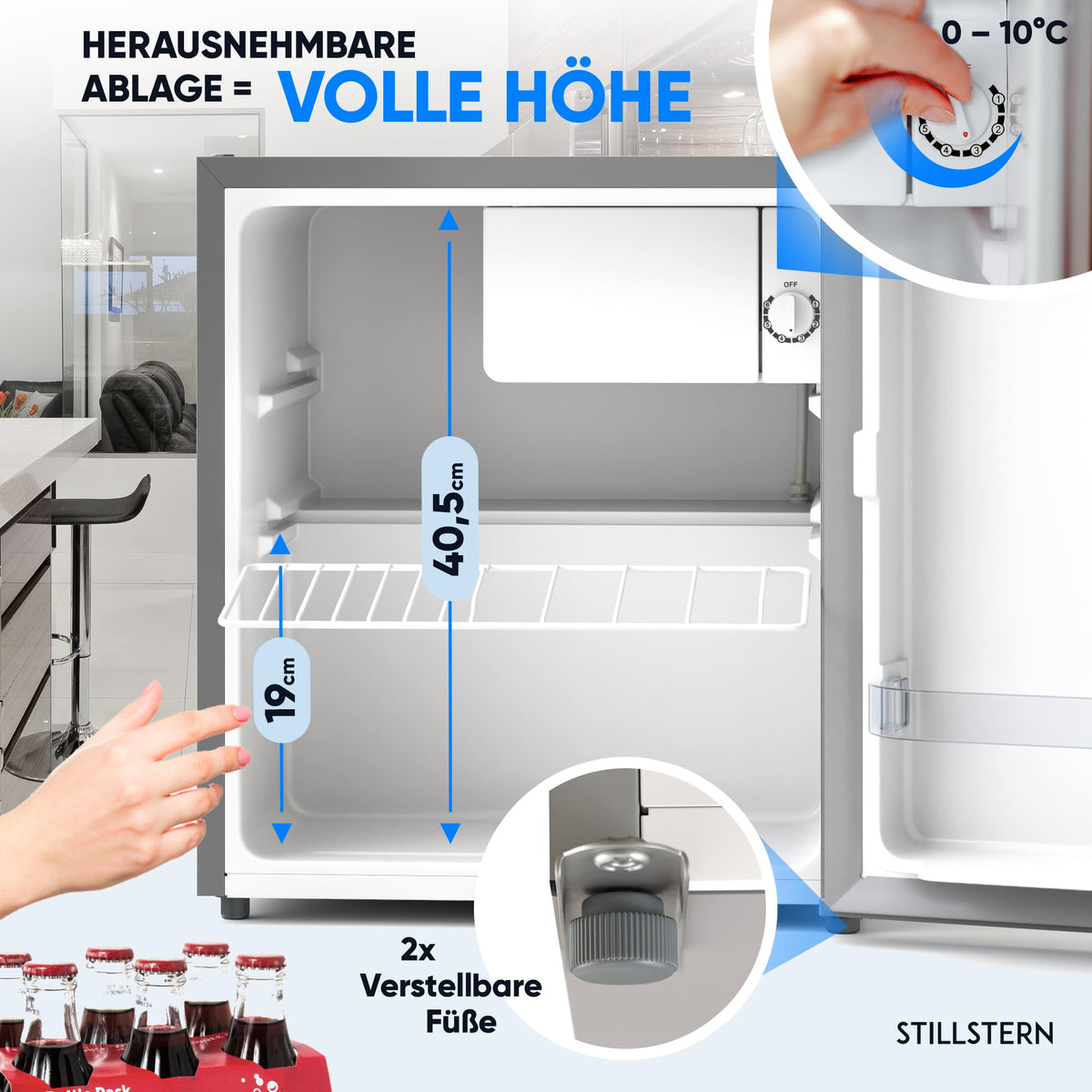 Stillstern Mini Kühlschrank E 45L mit Abtauautomatik, Schloss, Frostfach, Leise, Ideal für Küche, Büro, Schlafzimmer, Hotels und kleine Wohnungen Kühlschrank klein Minibar Getränkekühlschrank Weiß
