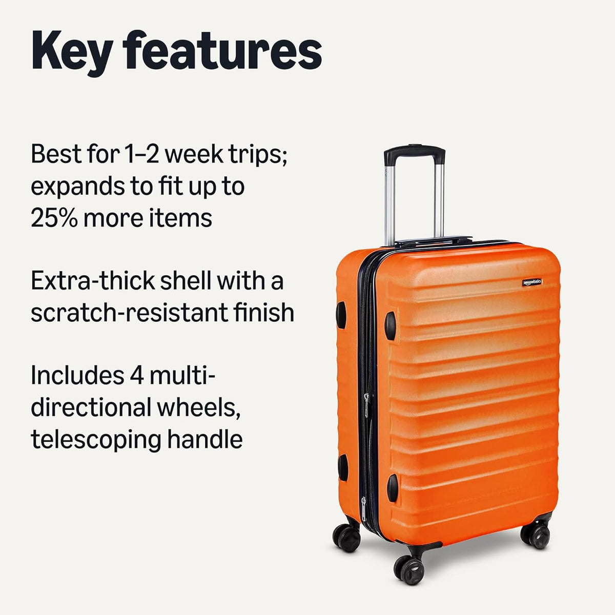 Amazon Basics 21" Hardside Carry-On Luggage with Spinner Wheels, Expandable for Up to 25% More Space, Scratch-Resistant Hard Shell, Telescoping Handle, Black